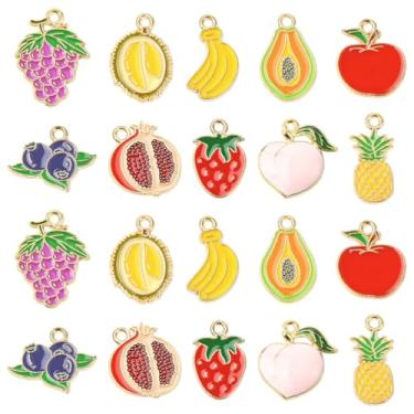 Imagem de UR URLIFEHALL 60 peças, 10 estilos, pingentes de frutas, esmaltados, coloridos, maçã, banana, abacaxi, morango, pingentes para fazer você mesmo, colar, pulseira, joias