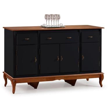Imagem de Balcão Buffet 4 Portas e 3 Gavetas com Pés Luiz XV 60635 Linz Móveis - Preto/Imbuia Glazer