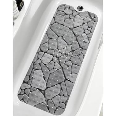 Imagem de LNOND Tapete de banheira de seixo cinza antiderrapante, tapete de banheira de 101 x 40 cm para banheiro, estrela do mar, concha do mar, tapete de chuveiro com orifícios de drenagem e ventosas
