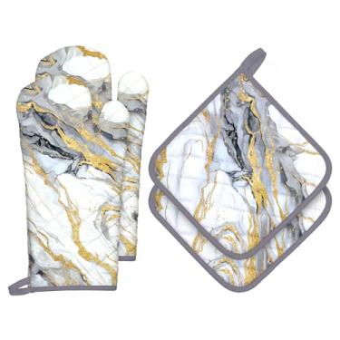 Imagem de Arquiel Conjuntos de luvas de forno e suportes de panela de mármore ouro branco, 4 peças, 100% algodão, resistentes ao calor, luvas de forno extralongas para cozinha, cozinha, decoração de panificação