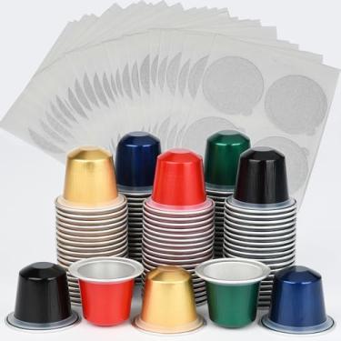 Imagem de 100 cápsulas de alumínio vazias descartáveis preenchíveis para cápsulas de café compatíveis com a máquina de linha original Nespresso, faça seus próprios filtros de xícaras de café expresso com tampas