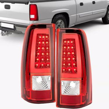Imagem de Luzes traseiras de LED compatíveis com Chevy Silverado 2003 204 2005 2006 1500 2500 3500 lanterna traseira com tubo C de LED, lado do motorista e do passageiro, lente transparente vermelha cromada