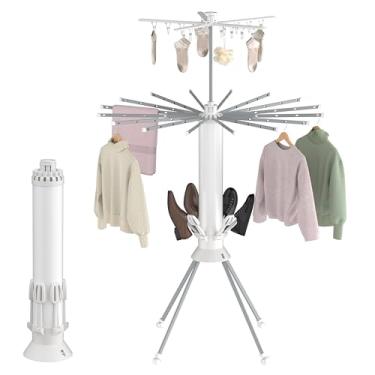 Imagem de SUNOUTLY Escorredor de roupas, rack de secagem portátil de 4 pernas com 20 clipes, suporte para secador de sapatos, prateleiras de secagem de roupas dobráveis para uso externo com 4 polias, rack seco