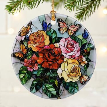 Imagem de Enfeite de borboleta e rosa | Enfeites de Natal, enfeites de Natal, enfeites de pendurar para árvores, presentes de decoração de férias | Presentes para amantes de flores, mulheres, amigas, vizinhas |