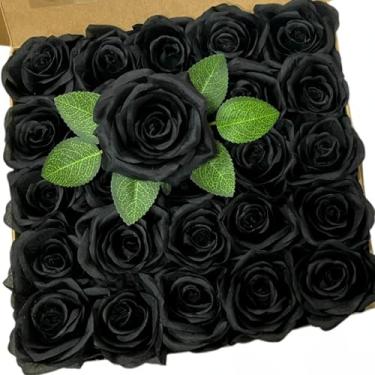 Imagem de 25 peças flores artificiais rosa de seda, rosa preta de toque real com haste flores falsas, caixa de presente para casamentos, arranjos florais faça você mesmo, peça central de mesa, chá de panela,
