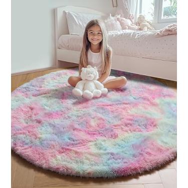 Imagem de ONASAR Tapete redondo arco-íris de 1,2 m, tapetes macios para quarto de crianças, meninas e adolescentes, tapete felpudo fofo kawaii para berçário, sala de estar, sala de jogos, decoração de casa,