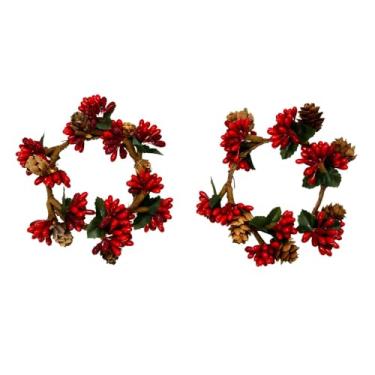 Imagem de 2 peças de anel de vela de outono para decoração de guirlanda de ação de graças, decoração de estilo country com pinhas e frutas vermelhas para decoração de varanda interna e externa (vermelho)