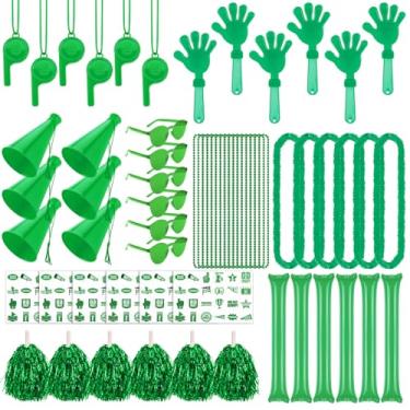 Imagem de Soulchen 180 peças de acessórios de espírito de equipe de escola verde sortido dia de time sortido palitos de trovão apitos de mão apitos megafone pompons de torcida óculos adesivo para eventos