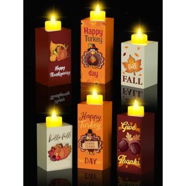 Imagem de Roowest 6 peças de castiçais de madeira para decoração de outono de Ação de Graças com luzes de chá de LED para centros de mesa de centro de mesa de centro de mesa operado por bateria de LED para