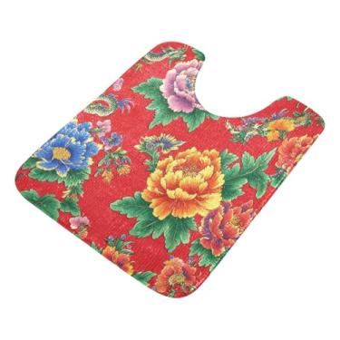 Imagem de Burbuja Tapete de banheiro com flores retrô, tapete de banho absorvente de pelúcia macio, base antiderrapante para piso de banheiro, oval em forma de U
