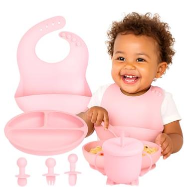 Imagem de Kit Introdução Alimentar Bebê 8 Peças 100% Silicone Antitóxico Premium, Prato + Bowl Babador Copo + + 2 Talheres Ponta Silicone Cabo de Madeira + + Tampa com Canudo + 2 Talheres (Rosa)