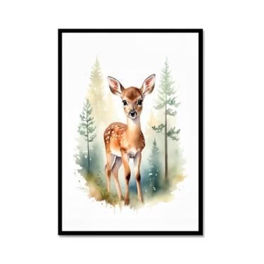 Imagem de Arte de parede de berçário botânico fofo safári floresta nebulosa urso coelho raposa lobo guaxinim cervo girafa zebra tigre aquarela decoração de quarto infantil (SKU6,16x60 cm), moldura de metal