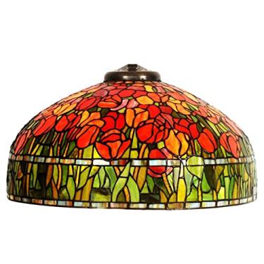 Imagem de Cúpula de abajur de 20 polegadas com estampa floral de tulipas vermelhas em vitral, estilo Tiffany, peça de reposição. Acessório vintage para luminárias de mesa, pendentes, tetos e luminária