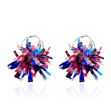 Imagem de LKingel Brincos femininos de 4 de julho para o Dia da Independência, brincos patrióticos de fogos de artifício com glitter, vermelho, branco, azul, brincos leves com bandeira dos EUA, Acrílico, Sem