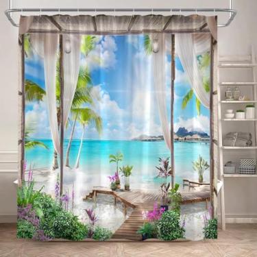 Imagem de Cortinas de chuveiro Ocean Island, praia, coqueiro, flor, planta, paisagem, jardim, pendurar na parede, cortina de banheiro, decoração 137 x 198 cm/LxA, resistente a mofo
