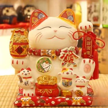 Imagem de FENNYYAR Comporta balde dourado gato da sorte porcelana branca e pequeno gato branco, 25 cm 9,7 polegadas, estátua de gato rico decoração de casa