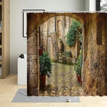 Imagem de Cortina de chuveiro para decoração de cenário, paisagem outra porta, pedra antiga, casa de banho, tecido impermeável, cortinas de banho com ganchos 72 x 91 pol. - 183 x 230 cm/L x A cortina de
