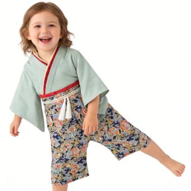 Imagem de Macacão de quimono para bebês meninas trajes japoneses Hakama Coverall infantil roupas samurai, Verde claro, L(90)(18-24 Month)