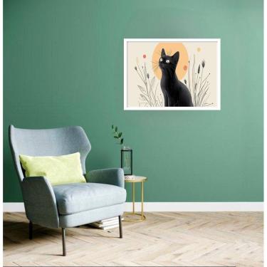 Imagem de Quadro Decorativo Gato Preto Sol Flores - 50X70Cm