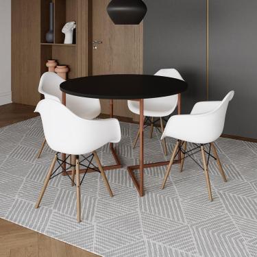Imagem de Mesa Jantar Industrial Preta 110Cm Redonda Base V Cobre Com 4 Poltronas Brancas Madeira Cor: Preto