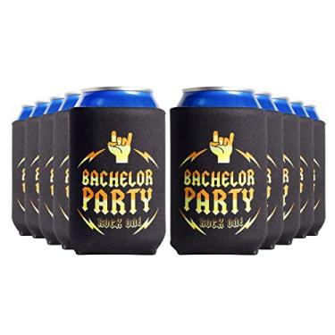 Imagem de Bachelor Party Can Coolie - Pacote de 10 refrigeradores de lata com texto dourado "Bachelor Party - Rock On!" | Lembranças de despedida de solteiro para homens copo de noivo decorações de despedida de solteiro suprimentos de casamento de cerveja
