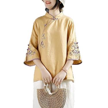 Imagem de Yajun Camisetas bordadas estilo chinês casual solto retrô blusa de algodão top feminino primavera gola botão manga curta, amarelo, 4GG (busto: 122cm)