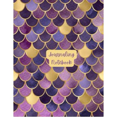 Imagem de Caderno de diário: Livro de recortes e agenda de diário com desenho de sereia em aquarela roxa com papel pautado em gráfico 21,5 x 28,5 cm