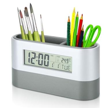 Imagem de Porta-lápis, suporte de caneta com relógio digital LCD, calendário, visor de temperatura para mesa de escritório em casa, 15 x 4,7 x 8 cm