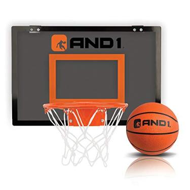 Imagem de AND1 Mini bastidor sobre a porta: – Cesta de basquete portátil de 45,72 cm x 30,48 cm fácil de instalar com aro de aço, inclui mini bola de basquete de 12,7 cm, conjunto de jogos internos para crianças e adultos – Cinza
