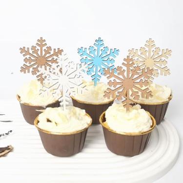 Imagem de 8 Pieces Snowflake Cupcake Toppers - Frozen Theme Snowflake Wood Cake Toppers，Winter Wonderland Cupcake Toppers for Baby Shower，Birthday Party Snowflake Wood Cake Decorations