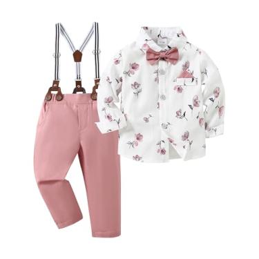 Imagem de nilikastta Roupas para meninos, camisa social com gravata borboleta + calça suspensória, roupas de casamento para cavalheiros de 6 a 10 anos, rosa, 8-9 anos