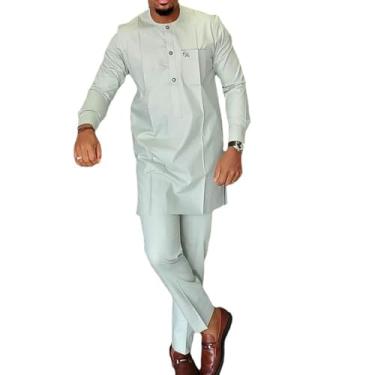Imagem de Terno Tradicional Masculino Camisa E Calça Africana Dashiki De Manga Longa De Cor Sólida Com Botões Roupas Africanas Para Casamento (Color : Style2, Size : X-Large)