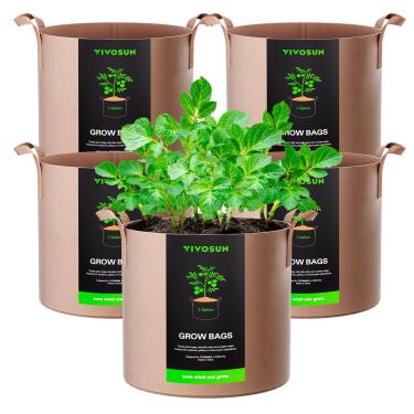 Imagem de Pacote com 5 sacos de cultivo VIVOSUN, potes de tecido não trançado grosso e resistente com alças bronzeadas, Tan 5pack, 3 Gallons