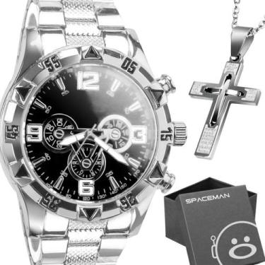 Imagem de Relógio Masculino Prata Aço Inox + Caixa + Cordão Crucifixo - Orizom