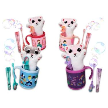 Imagem de Kit 4 Caneca Infantil 200ml + Chaveiro Gatinho + Lança Bolha - MultiA