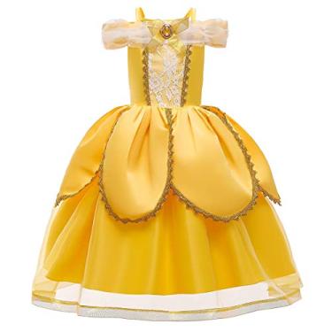 Imagem de HOIZOSG Vestido de princesa Belle para meninas A Bela e a Fera fantasia de Halloween Natal festa de aniversário vestido de baile amarelo 001 7-8T