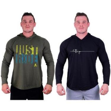 Imagem de Kit 2 Camisetas Manga Longa com Touca Longline Estampada Fitness Musculação Dia-a-Dia-Masculino