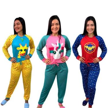 Imagem de Kit 3 Pijamas Femininos Adulto Outono Inverno Longo Conforto Estampado