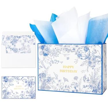 Imagem de Crisky Bolsa grande de presente de feliz aniversário de 33 cm com papel de seda e cartão para mulheres, bolsa de aniversário floral azul com alças para festa de aniversário