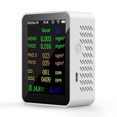Imagem de Vislone Medidor portátil de qualidade do ar 9 em 1 PM2,5 PM10 monóxido de carbono CO2 TVOC HCHO AQI testador de temperatura e umidade tela colorida detector de dióxido de carbono com função de