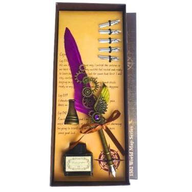 Imagem de Kit Caneta Tinteiro Pena Engrenagem Lilás