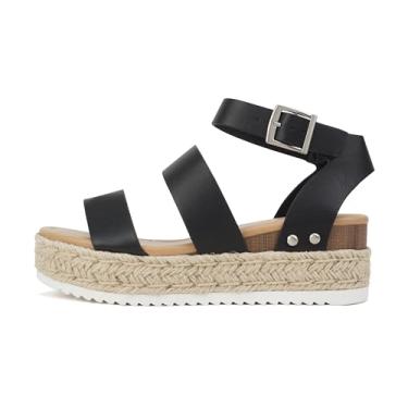 Imagem de Soda Top Shoe Bryce bico aberto fivela tira no tornozelo alpargatas flatform Wedge Casual Sanda, Poliuretano preto, 41