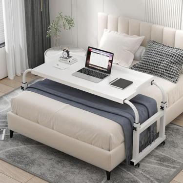 Imagem de Mesa sobrecama, mesa sobre cama com rodas, altura ajustável de 65 a 95 cm, mesa multiuso para computador, bandeja de alimentos ajustável de 120 a 210 cm de comprimento