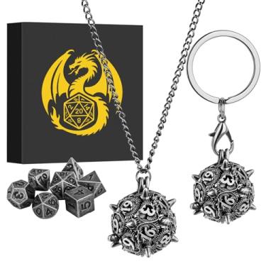 Imagem de Conjunto de mini dados DND com gaiola de metal D20 com chaveiro portátil, conjunto de dados poliédricos D&D, presentes DND com caixa de presente, acessórios D&D para RPG, prata escura, Metal