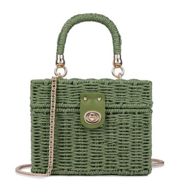 Imagem de Bolsa feminina de vime feita à mão, bolsa de ombro transversal de palha para praia, bolsa de mão com alça superior com alça de corrente, Verde, Bonito e moderno