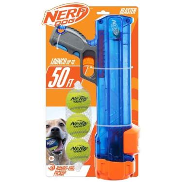 Imagem de Nerf Dog Conjunto de presente compacto de bola de tênis com 3 bolas, ótimo para pegar, recarga de mãos livres, lança até 15 metros, unidade única, inclui 3 bolas Nerf, 4791, azul translúcido