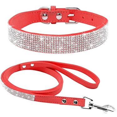 Imagem de Haoyueer Lindo deslumbrante cintilante elegante extravagante couro camurça macio bling strass cristal jóias pet gato cachorro coleira cão conjunto de coleira para cachorro (vermelho, P)