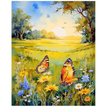 Imagem de Kit de pintura de jardim de borboletas por números para adultos – pintura de monarcas e flores silvestres DIY em tela 40,6 x 50,8 cm, conjunto de tinta acrílica, adequado para iniciantes, arte para