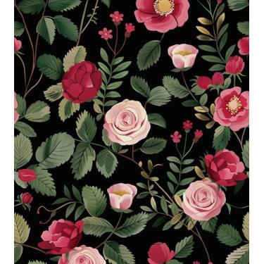 Imagem de Papel de parede floral descasque e cole, papel de contato com flores verdes rosa 43 cm x 38 cm, papel de parede botânico escuro vintage vinil impermeável autoadesivo removível para prateleiras de
