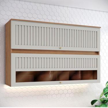 Imagem de Armário Aéreo 2 Portas Basculantes Ripado Com Vidro 120 Cm Ambiente Requinte Nature Areia Hp – Henn